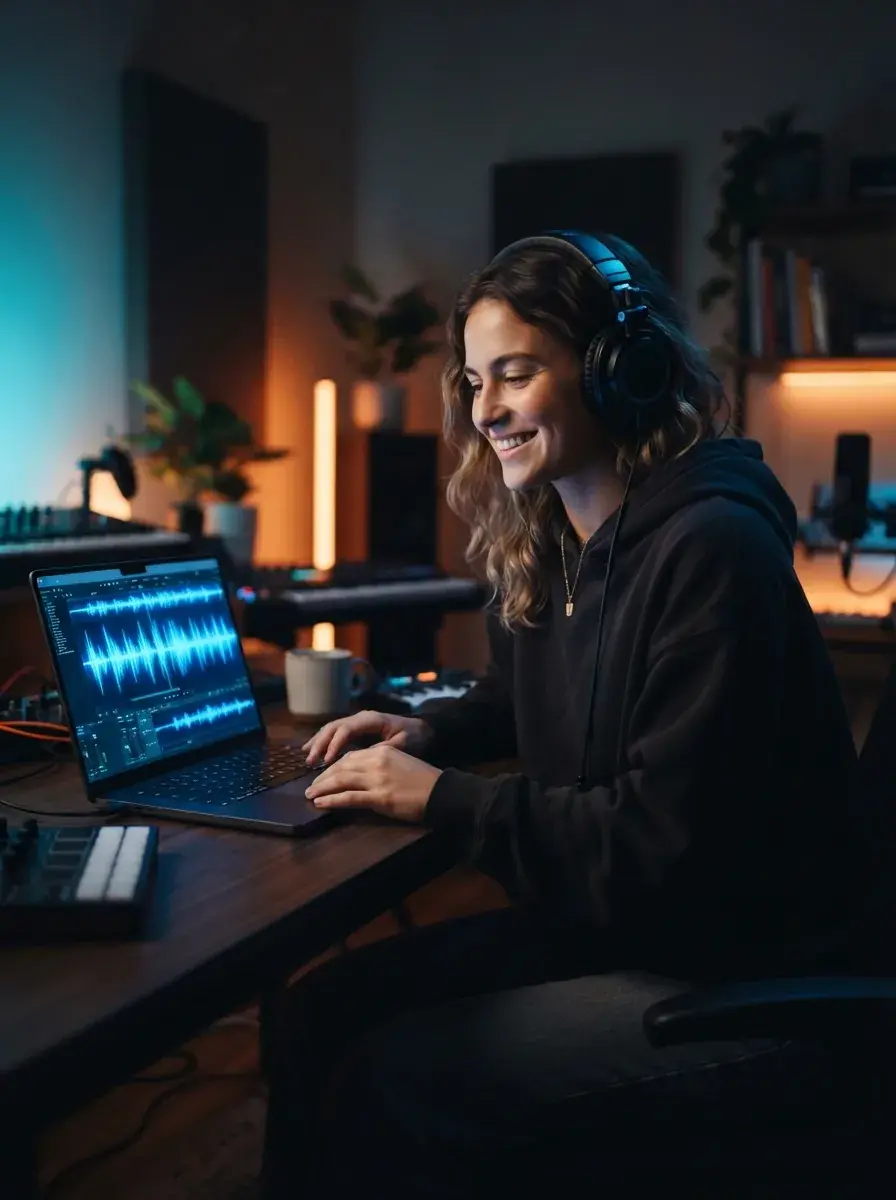 Person creating a song on a laptop with blue waveform controls