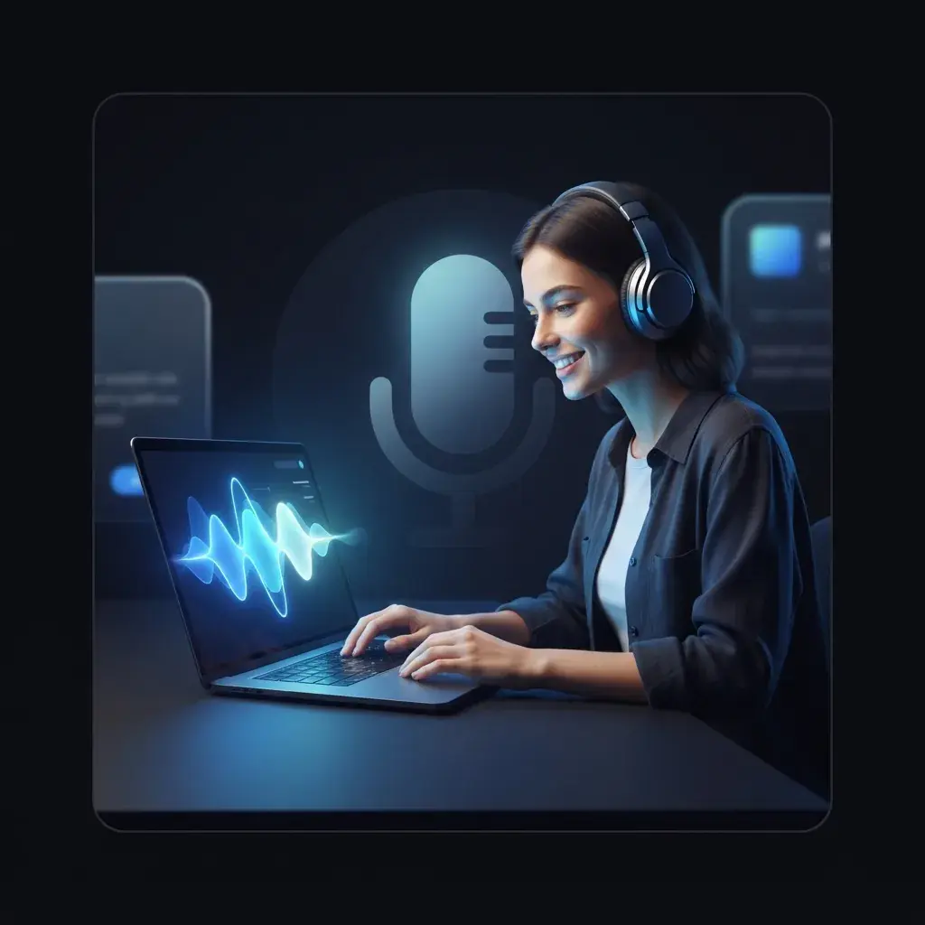 Person creating upbeat pop music on a laptop with blue waveform glow