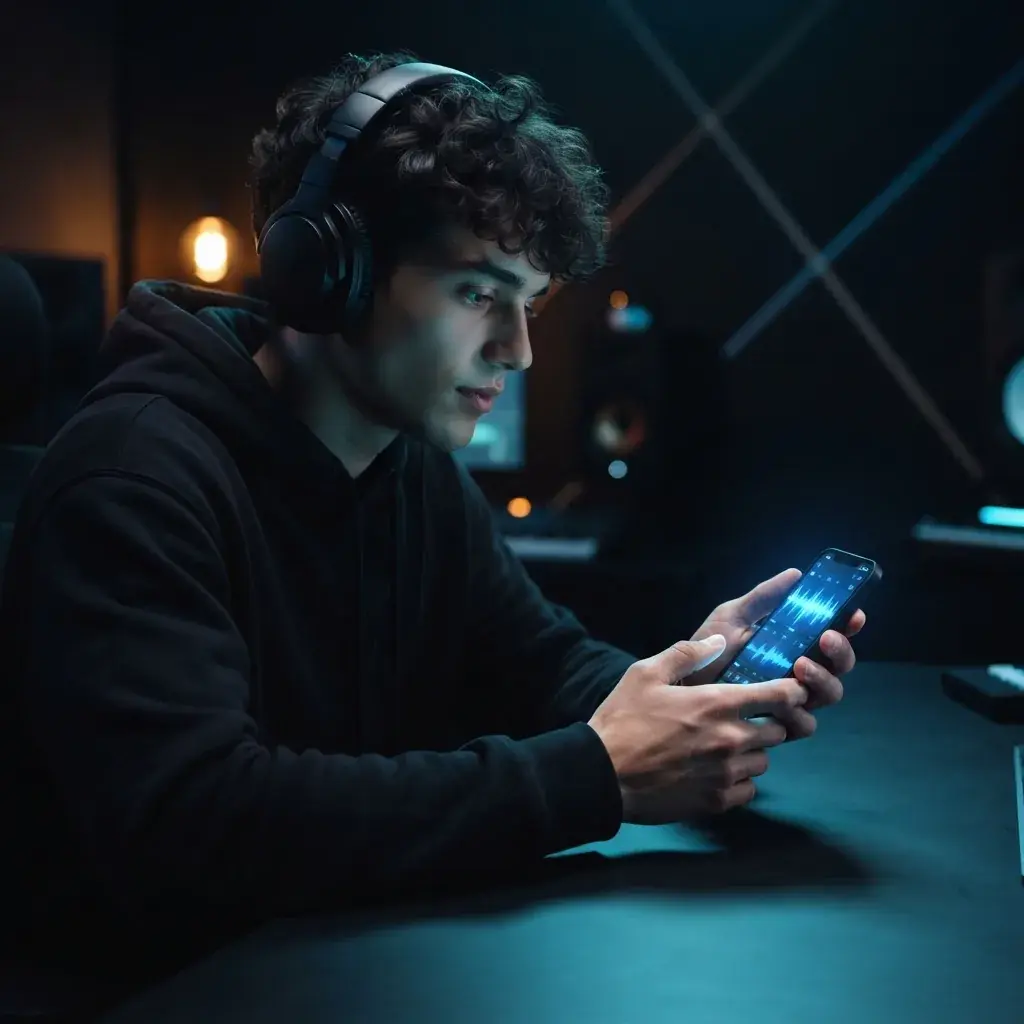 Casual music creator making rap beats on a phone with glowing blue audio interface
