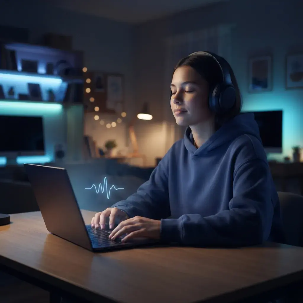 Relaxed person making lo-fi music in a cozy room with soft blue waveform light