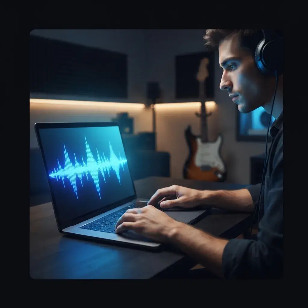 Everyday person creating rock music on a laptop with guitar-inspired blue visuals