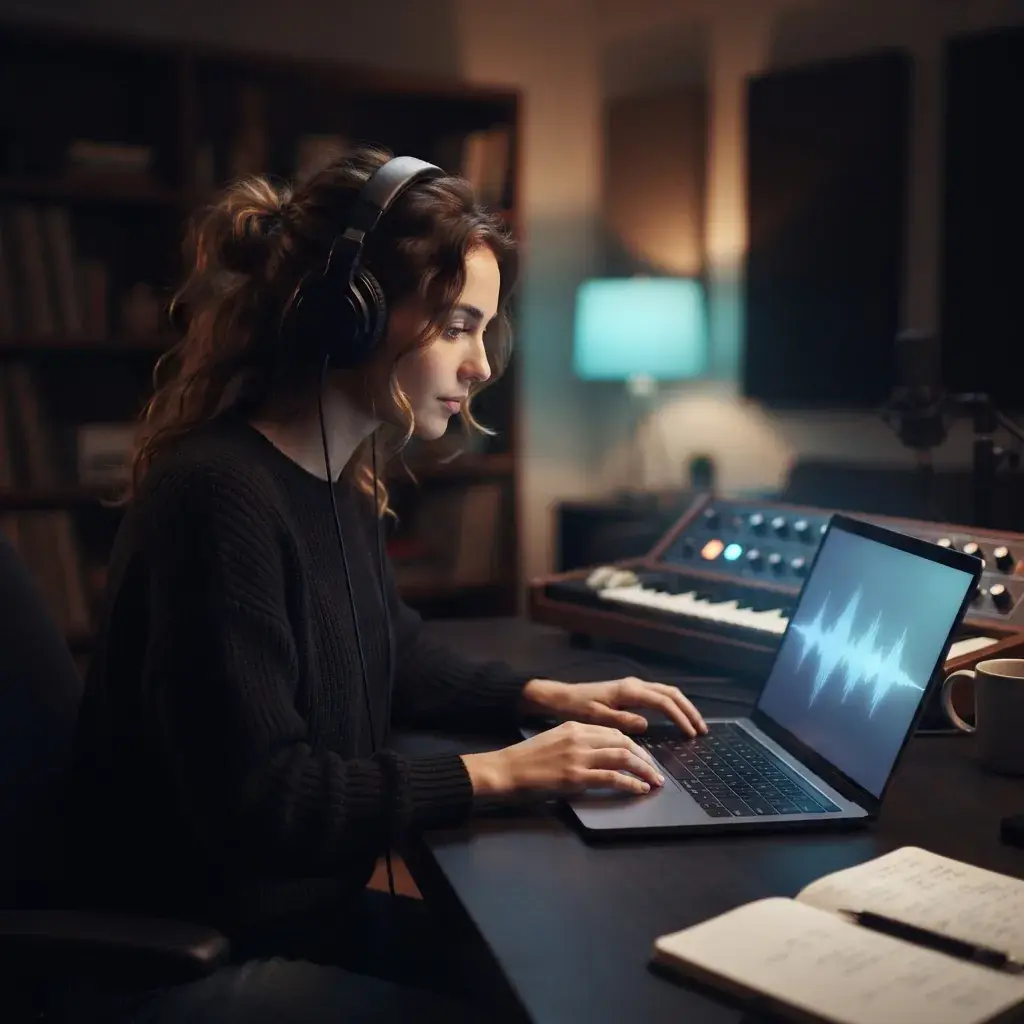 Person creating warm acoustic music with soft blue waveform and piano cues