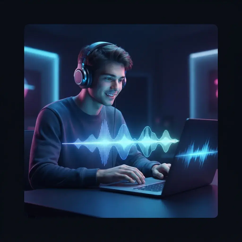 Everyday person creating electronic music with neon blue synth-style waveform visuals