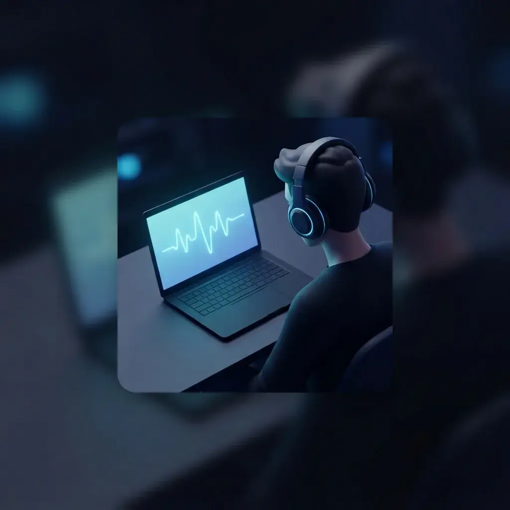Person in headphones sketching a music idea on a laptop
